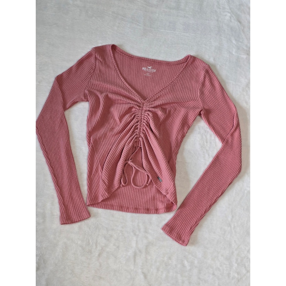 Hollister Pink Ribbed Cinched Front Long Sleeve V-Neck Top Y2K Size Medium